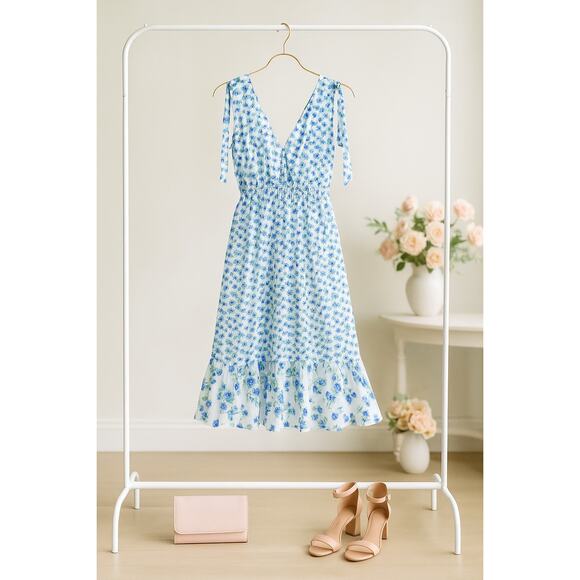 Shoshanna Helena Dress | Blue Floral Midi Sleeveless Lightweight Viscose Size 8 - Picture 2 of 12